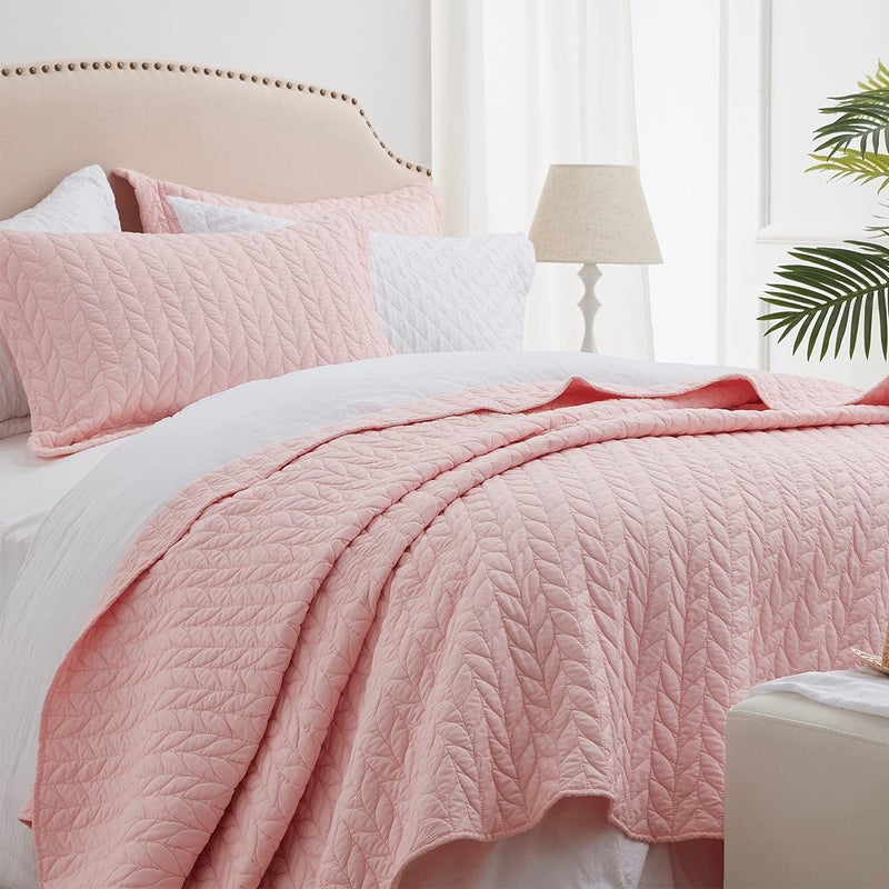 SunStyle Home King Quilt Bedding Set Pink, Lightweight Comforter Bedspread Blanket King Size Quilt, Durable Quilted Stitching Coverlet with 2 Pillow Shams Leaf Embroidered Pattern All Seasons 3pcs - Image 1